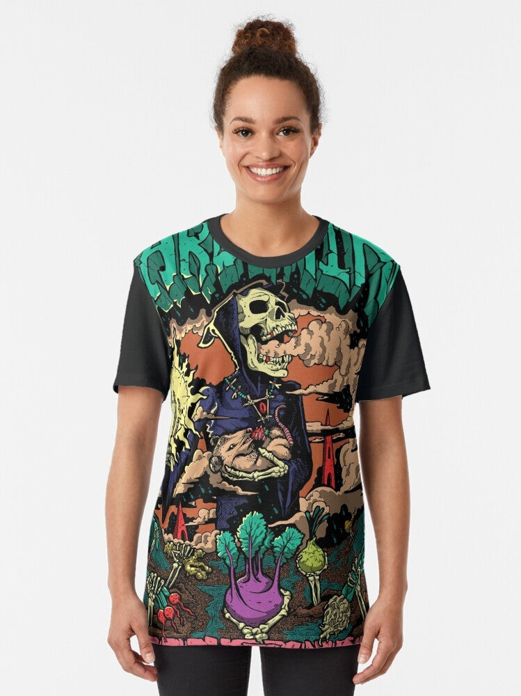 Gardening Death Graphic T-Shirt featuring a skull, plants, and the Grim Reaper. - Women