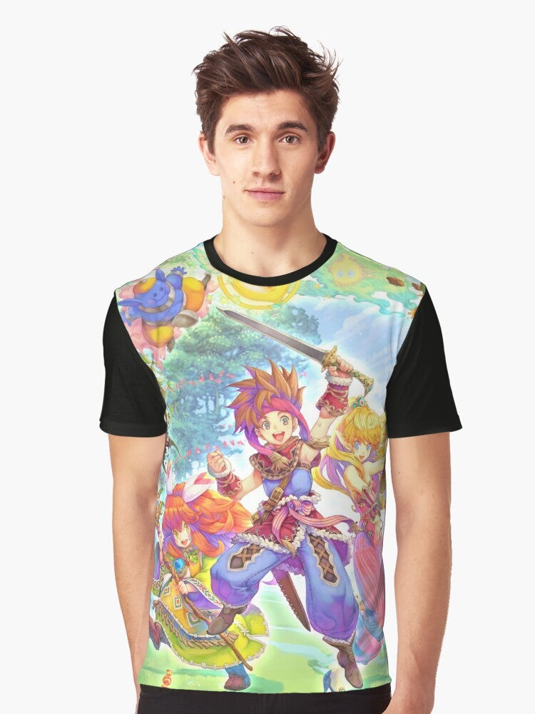 Secret of Mana retro RPG video game graphic t-shirt design featuring magic, mage, and warrior characters - Men