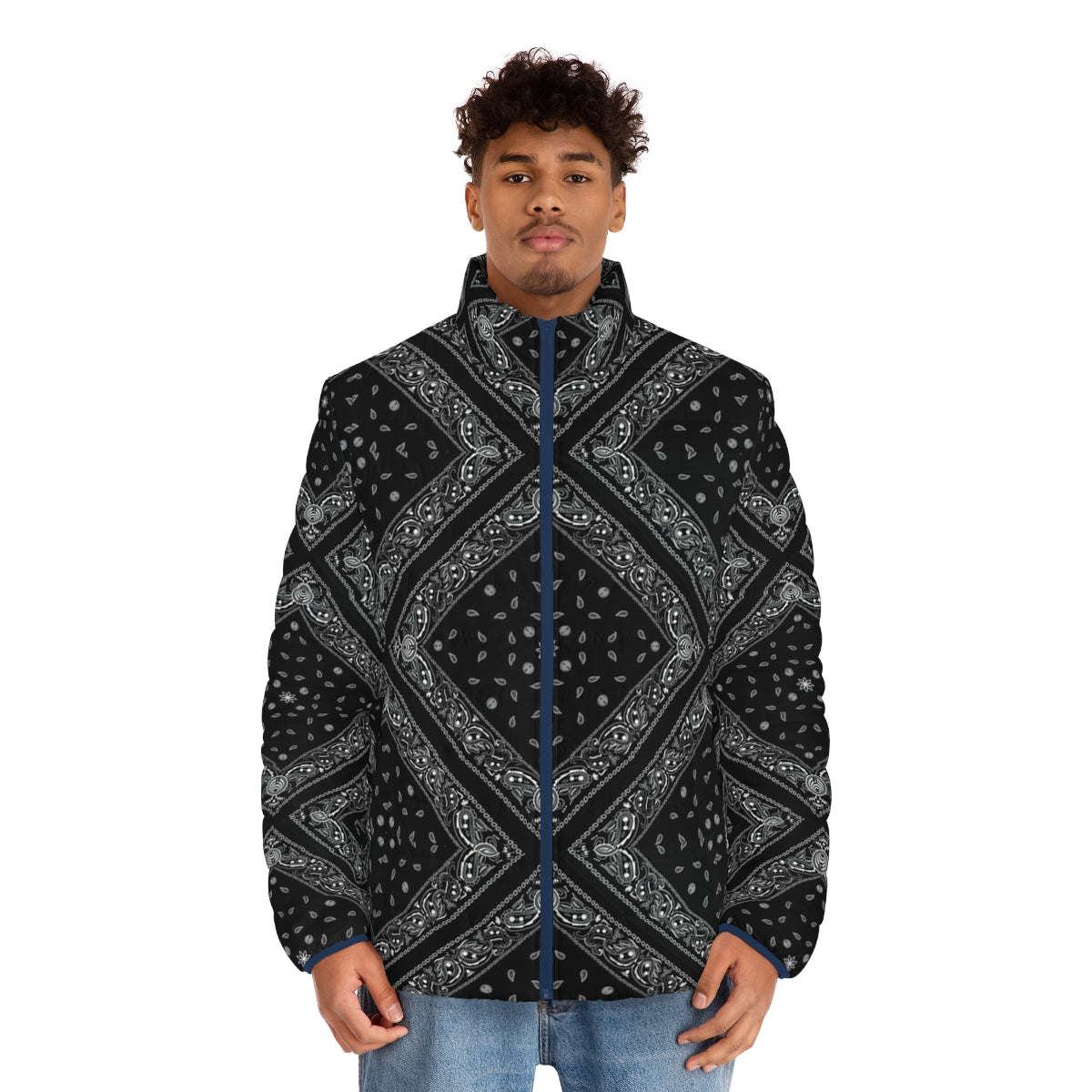 A stylish black puffer jacket with a repeating bandana pattern - men front