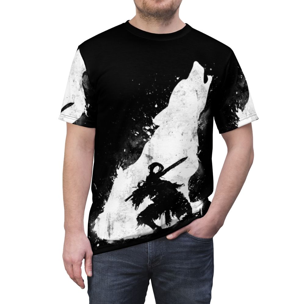 Abyss Warrior Dark Fantasy T-Shirt featuring Artorias, Sif, and the Abyss from Dark Souls - men front