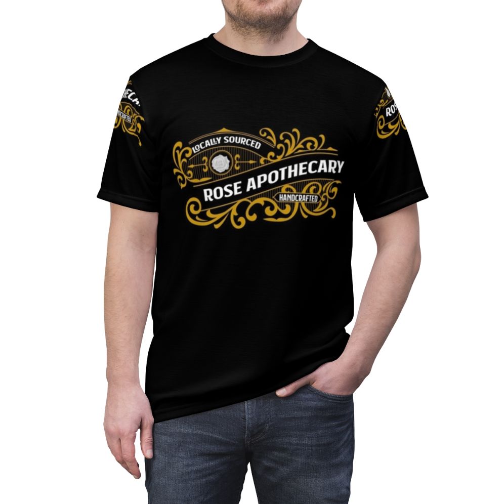 Schitts Creek inspired t-shirt featuring the Rose Apothecary logo - men front