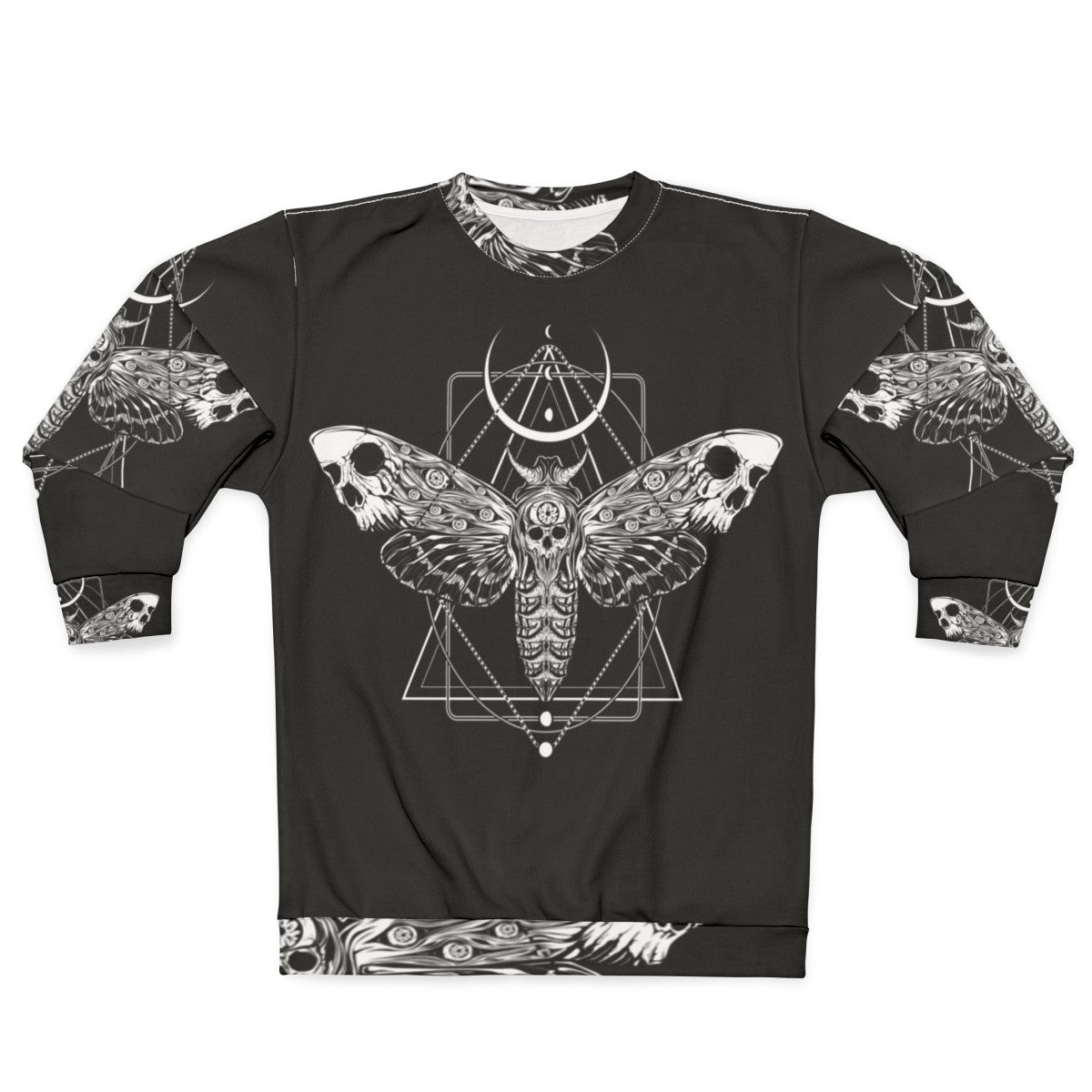 Surreal death moth graphic on a black sweatshirt