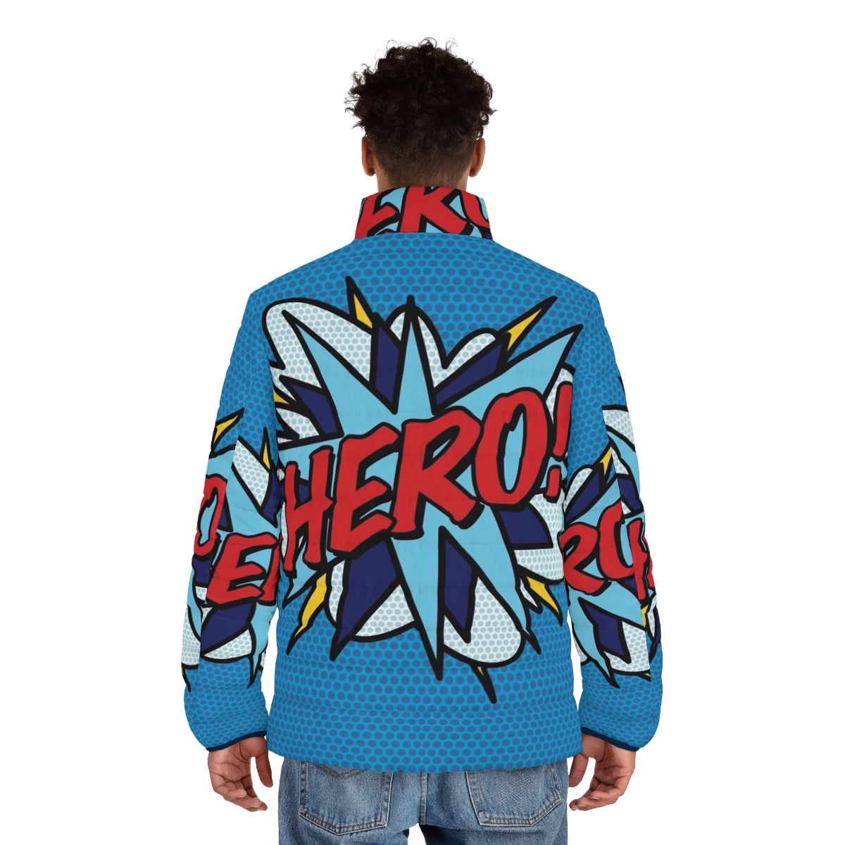 Vibrant hero comic book pop art puffer jacket with retro superhero graphics - men back