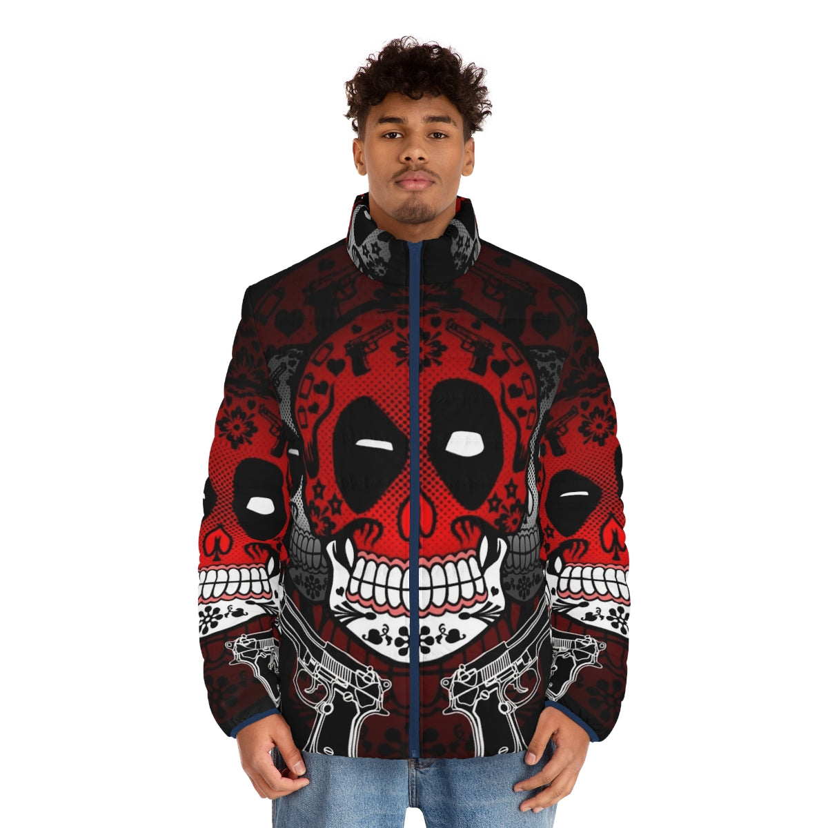 Colorful puffer jacket with day of the dead sugar skull design - men front