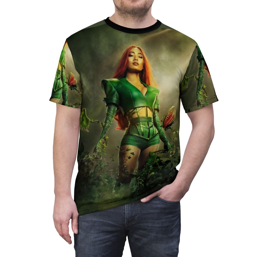 T-shirt featuring stylized artwork of Poison Ivy, the DC Comics supervillain with plant-based powers. - men front