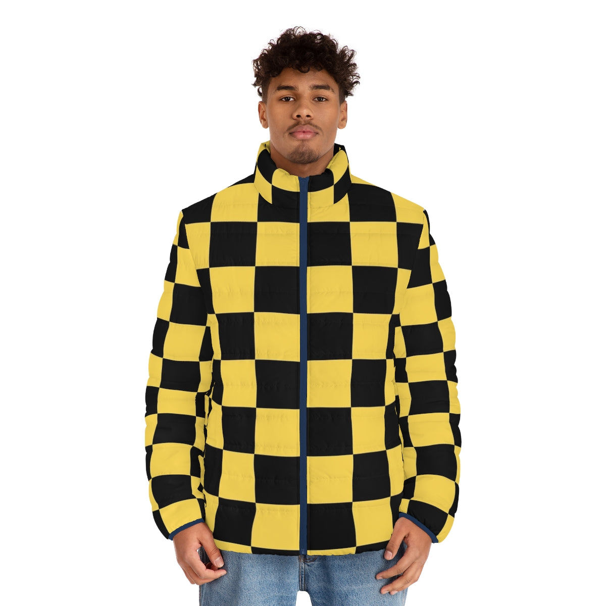 Black and yellow checkered patterned puffer jacket - men front