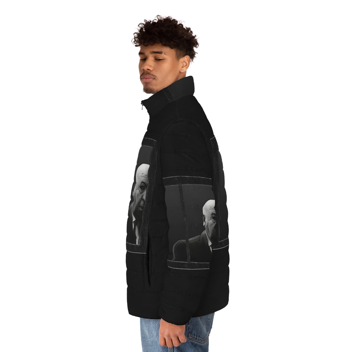 Alfred Hitchcock inspired puffer jacket featuring a graphic black and white design - men side left