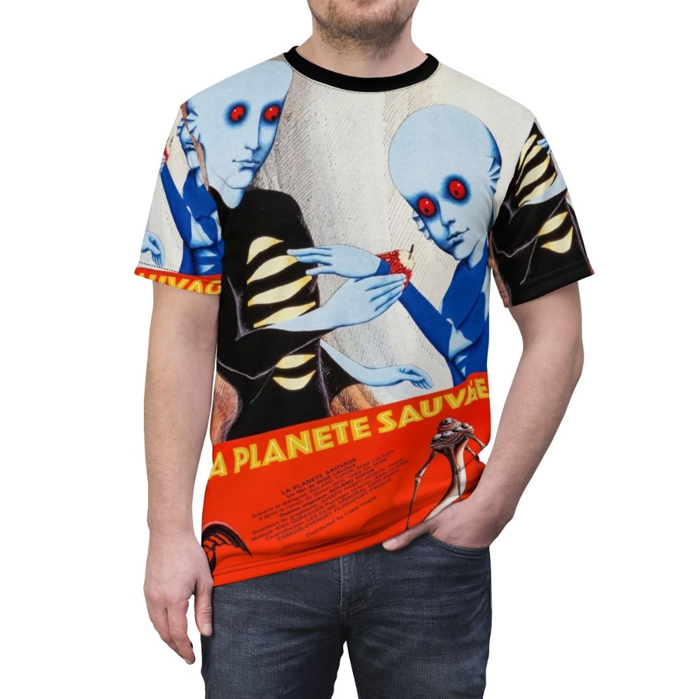 Vintage-style t-shirt featuring the iconic imagery from the 1973 sci-fi film "Fantastic Planet" (La Planète Sauvage) - men front