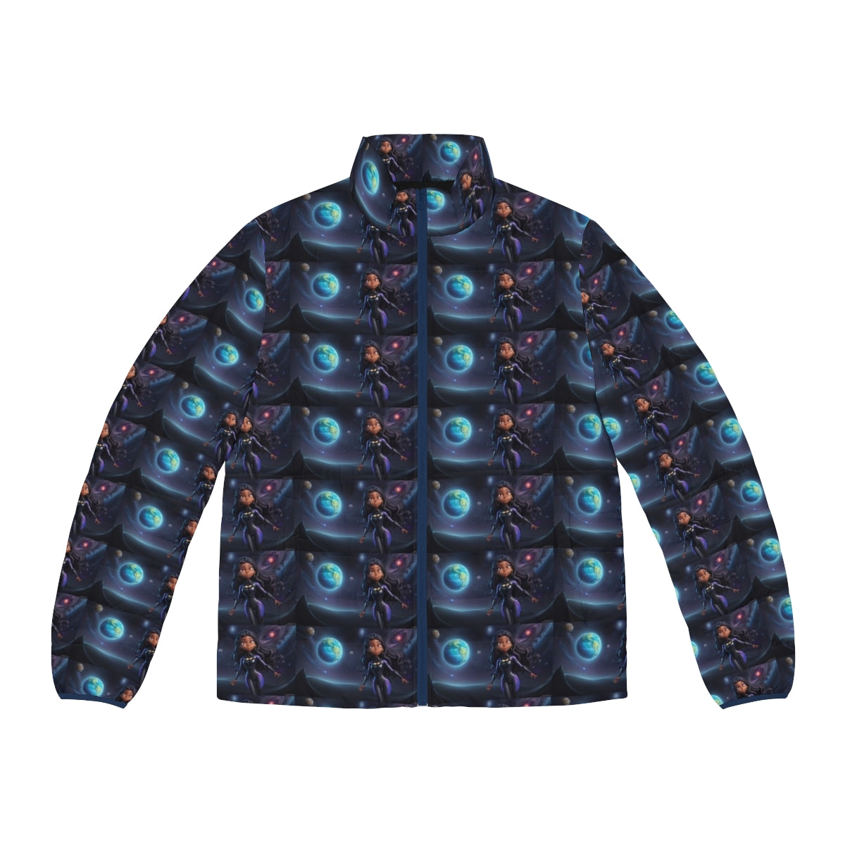 Interstellar puffer jacket featuring a galaxy-inspired design with stars, planets, and a cosmic surfing scene