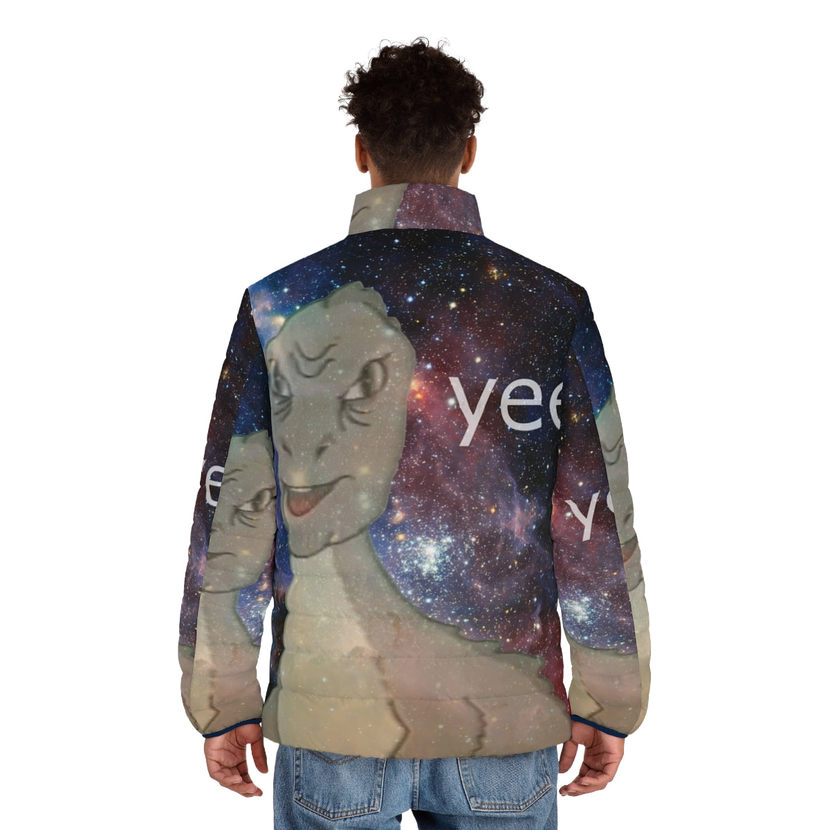 Cosmic Yee Puffer Jacket with dinosaur, nebula, and vintage meme design - men back