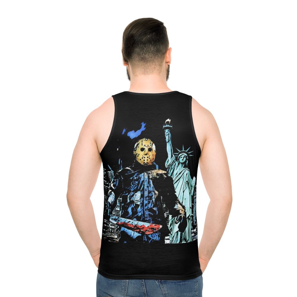 "Jason Takes Manhattan" Unisex Tank Top featuring the iconic Friday the 13th slasher - men back