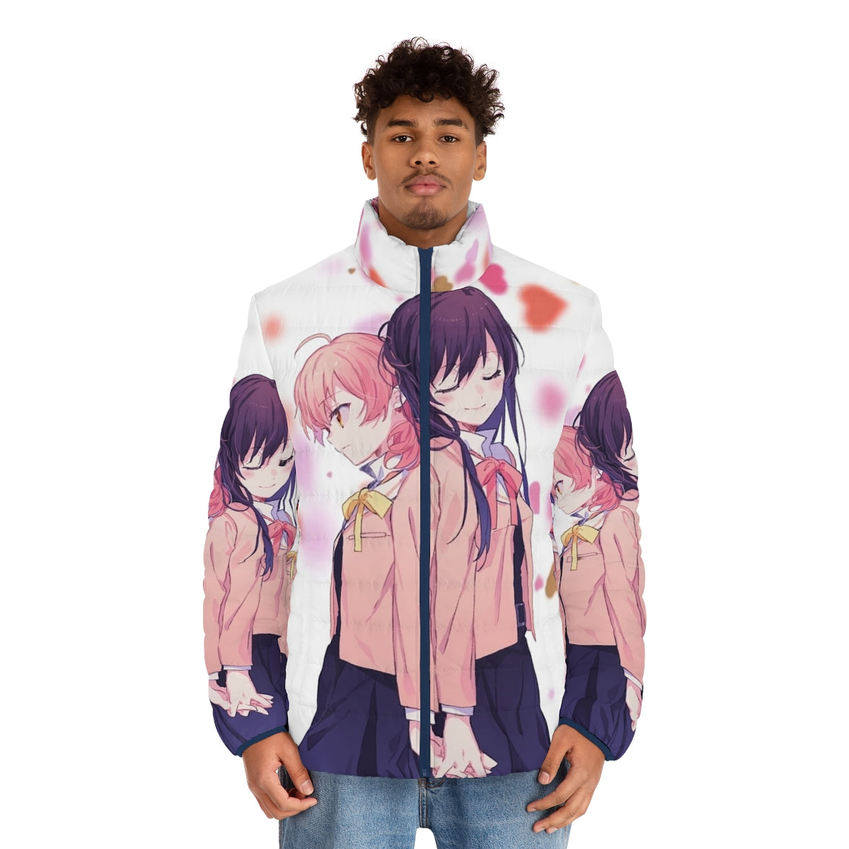 Bloom Into You Yagate Kimi Ni Naru anime puffer jacket with characters Yuu Koito and Touko Nanami - men front