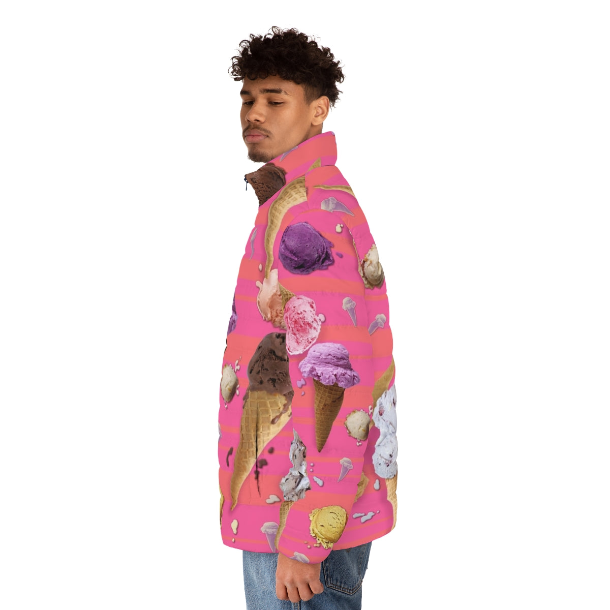 "We All Scream" puffer jacket featuring colorful ice cream graphics and patterns - men side left