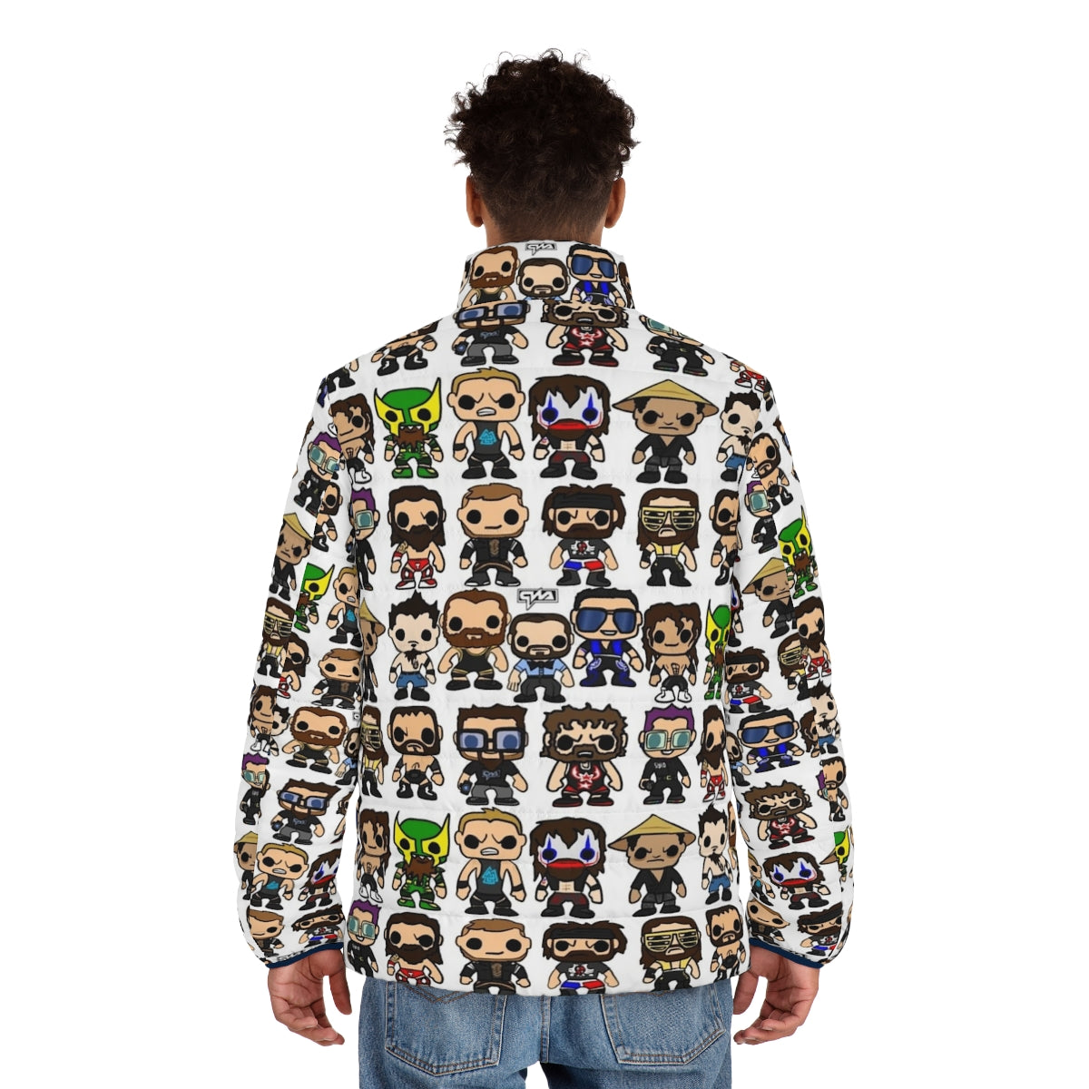 Qwa Vinyl Pop Art Puffer Jacket featuring a wrestling character figure - men back