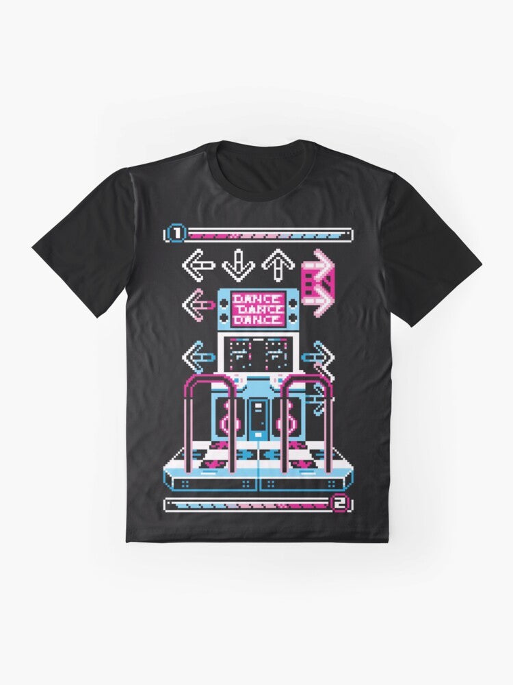 Retro dance arcade graphic t-shirt with 8-bit pixel art dance revolution design - Flat lay