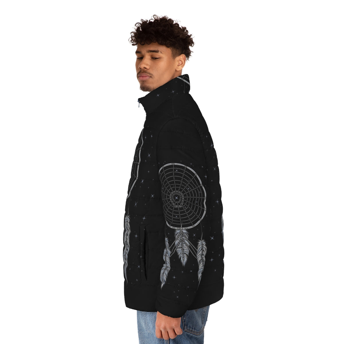 Star Trek inspired puffer jacket with a dream catcher design - men side left