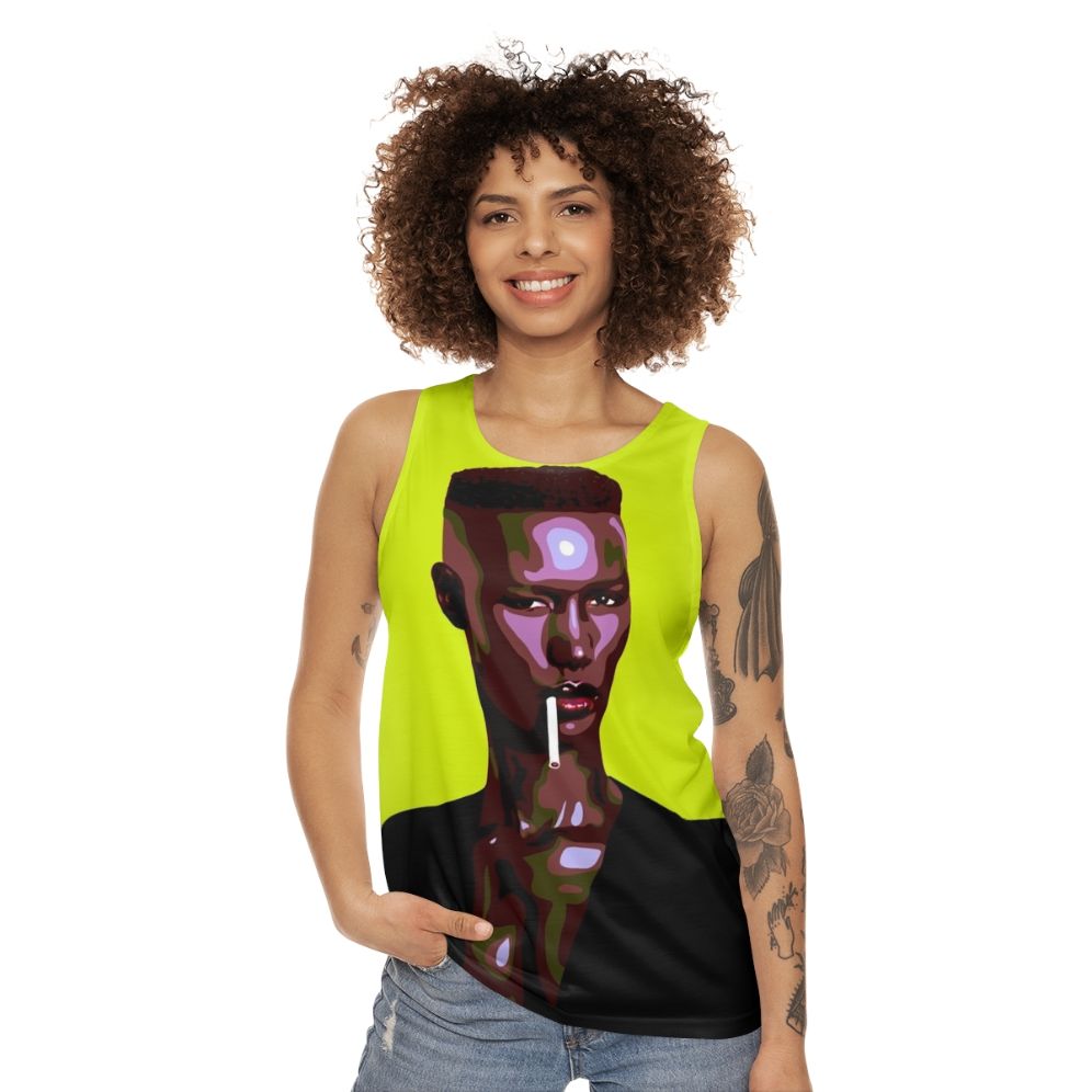 Iconic 80s leatherette tank top with stylized pop art portrait - women