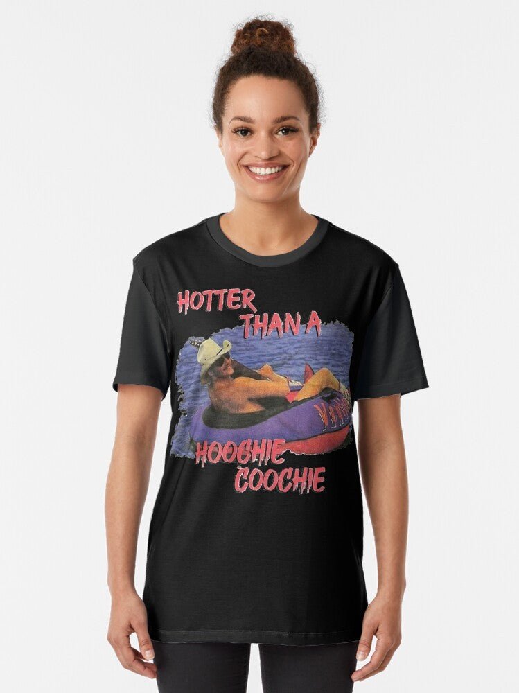 Country music graphic t-shirt featuring the text "Hotter Than A Hoochie Coochie" with a design inspired by Alan Jackson and Denise Jackson. - Women