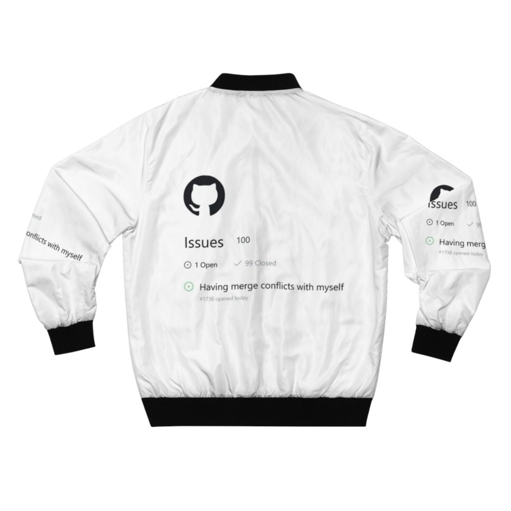 Bomber jacket with a humorous "Having Merge Conflicts with Myself" design for programmers and software engineers. - Back