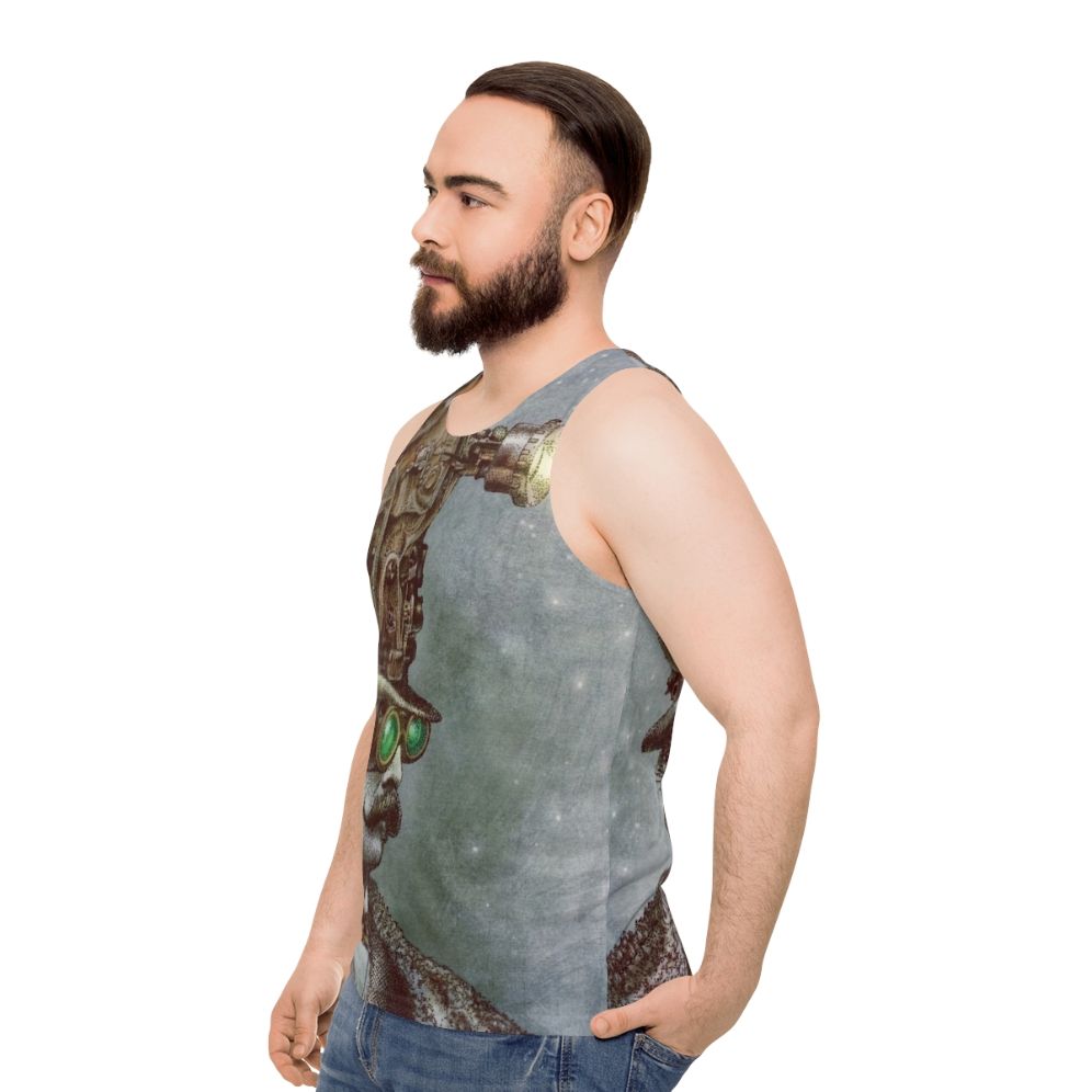 Steampunk unisex tank top with surreal mechanical design - men side