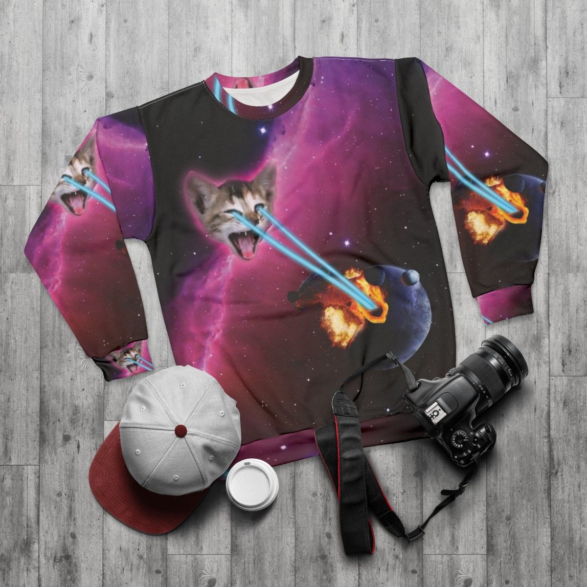 Laser Cat Destroyer of Planets Sweatshirt - flat lay