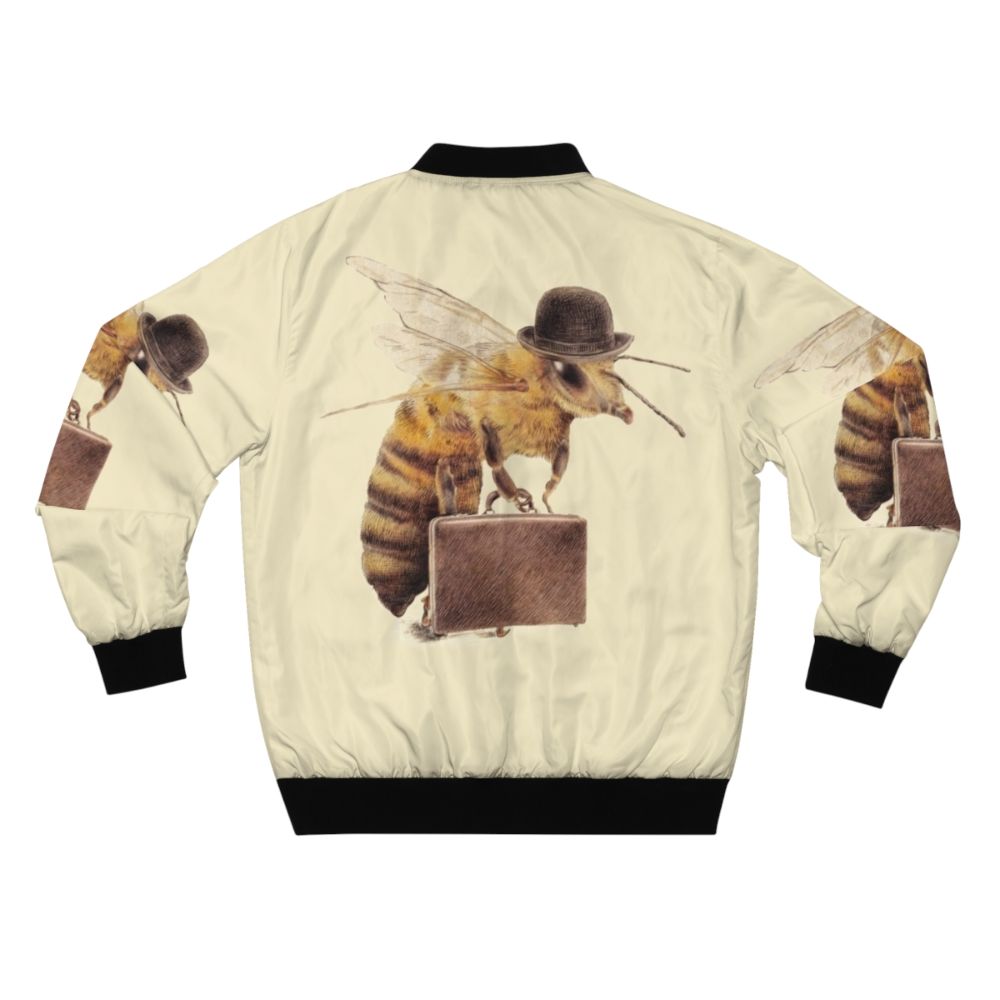 Vintage worker bee bomber jacket with yellow and black color scheme, bowler hat, and surreal design elements. - Back