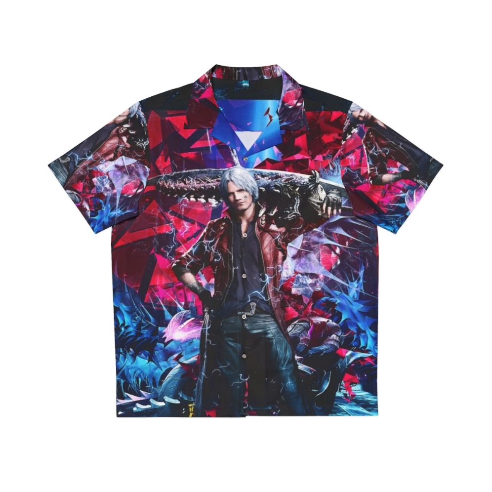 Dante from Devil May Cry V wearing a colorful, abstract Hawaiian shirt