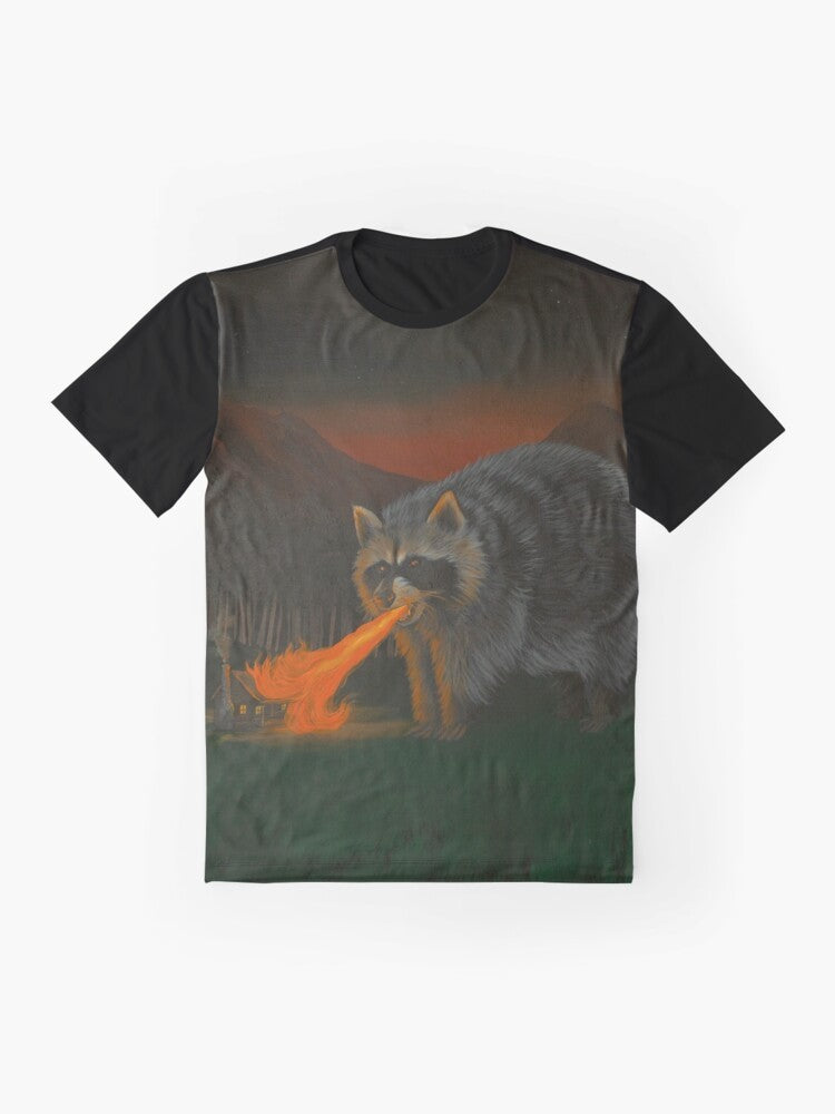 A graphic t-shirt featuring a fire-breathing raccoon illustration - Flat lay