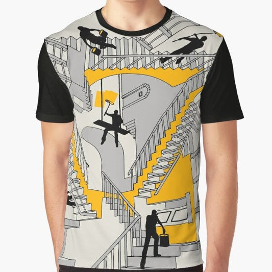 A surreal and dimensional graphic t-shirt design featuring architectural elements, home improvement themes, and a geometric, impossible structure.