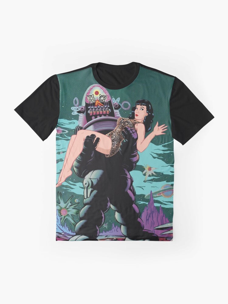 Vintage-inspired graphic t-shirt featuring Robby the Robot and Bettie Page in a retro 1950s sci-fi style. - Flat lay