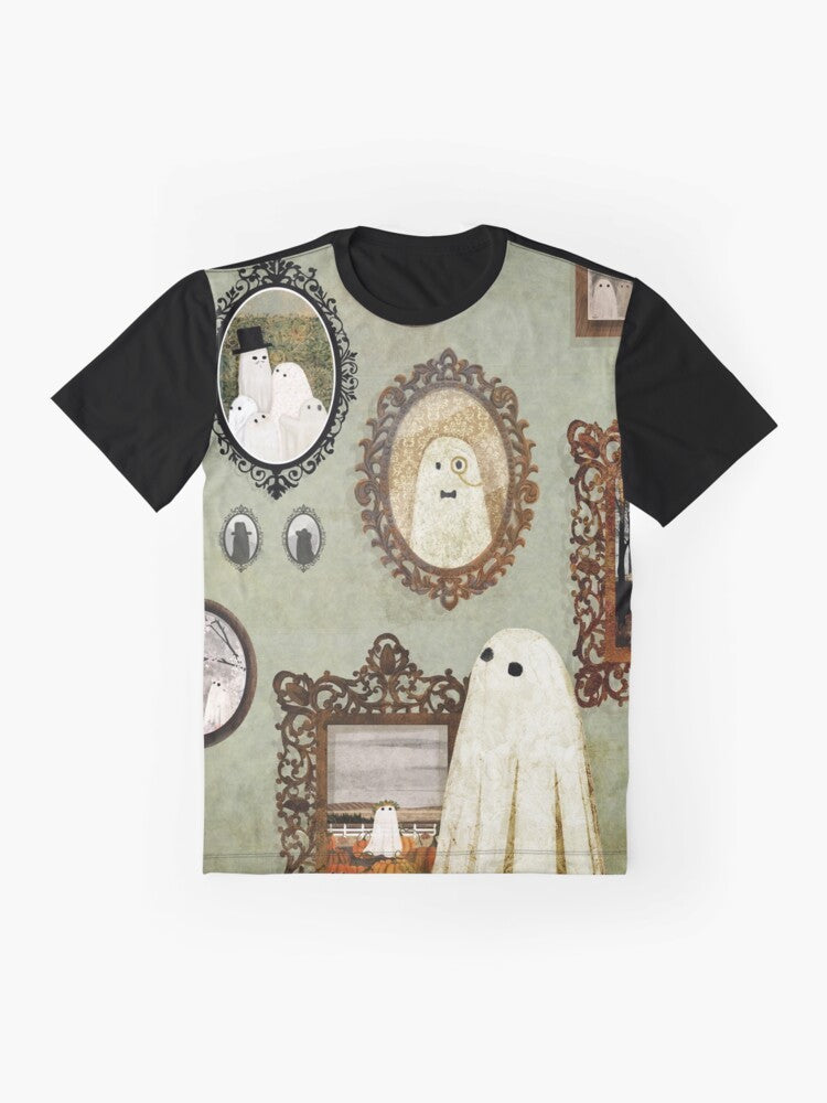 Vintage-style graphic t-shirt with a ghostly figure in a portrait gallery - Flat lay