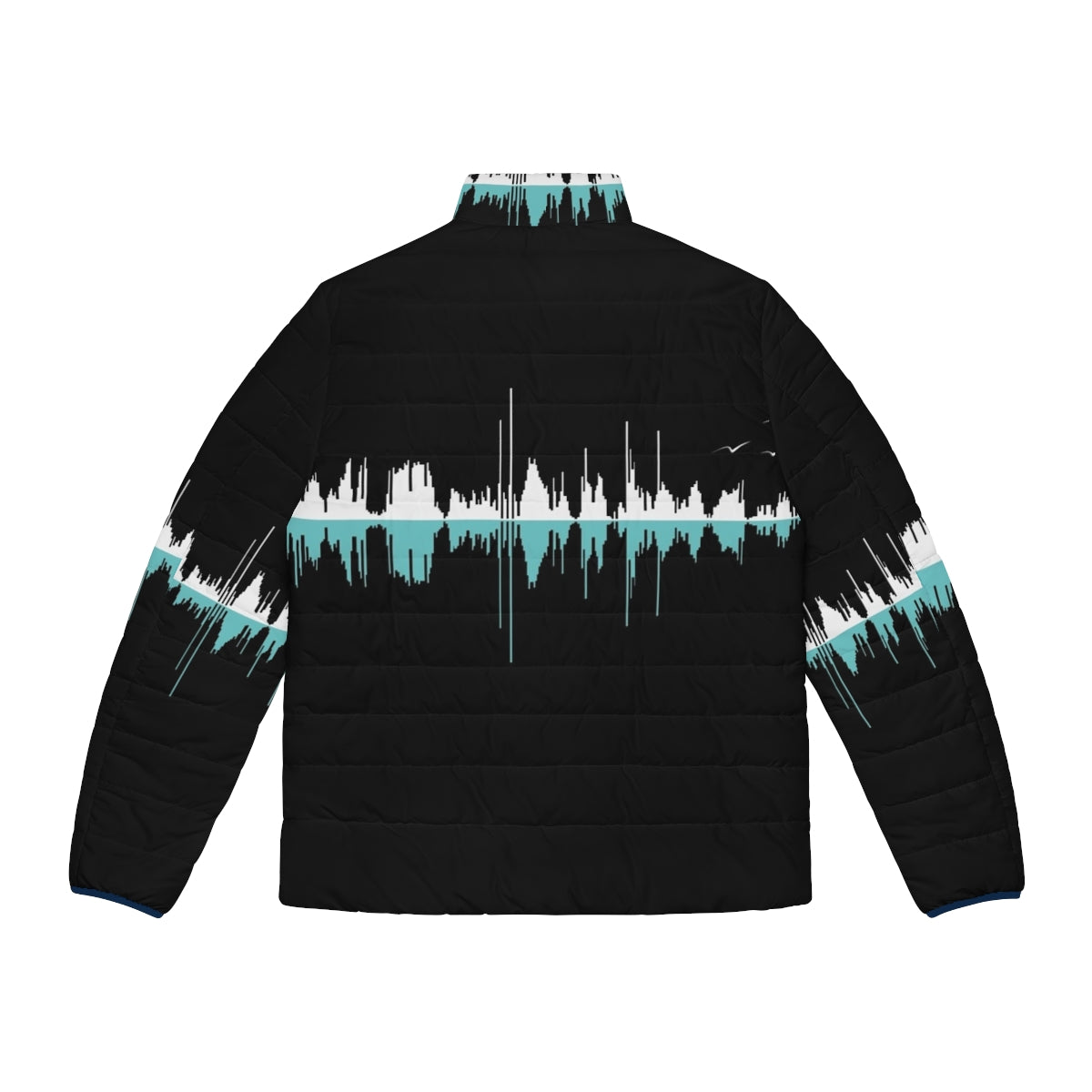 Black puffer jacket with white soundwave and city graphics - Back