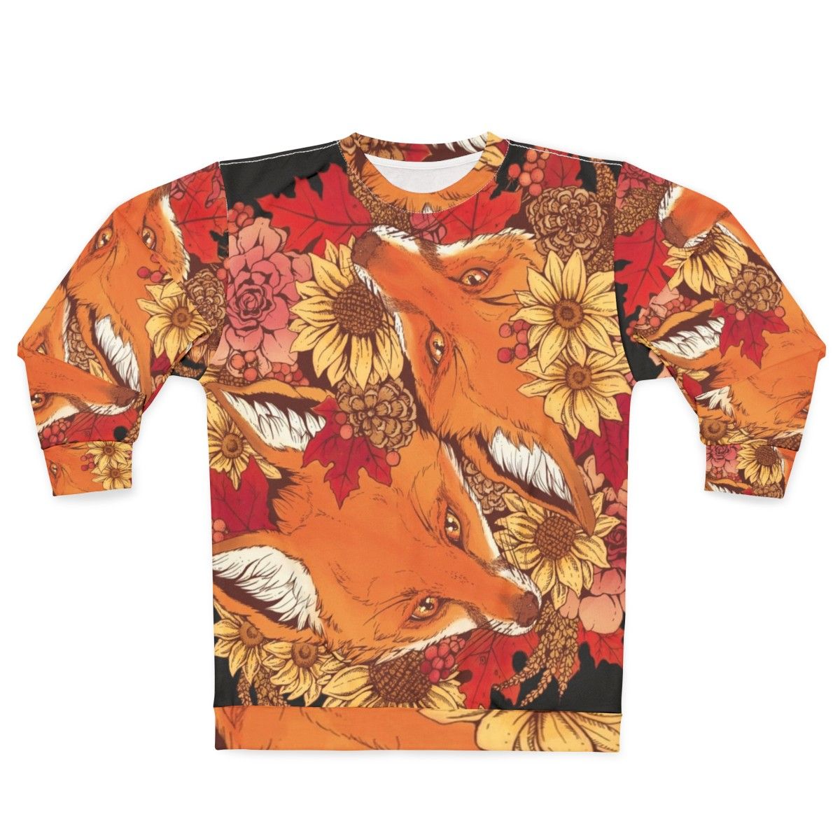 Autumn Fox Bloom Sweatshirt with foxes, sunflowers, and fall leaves