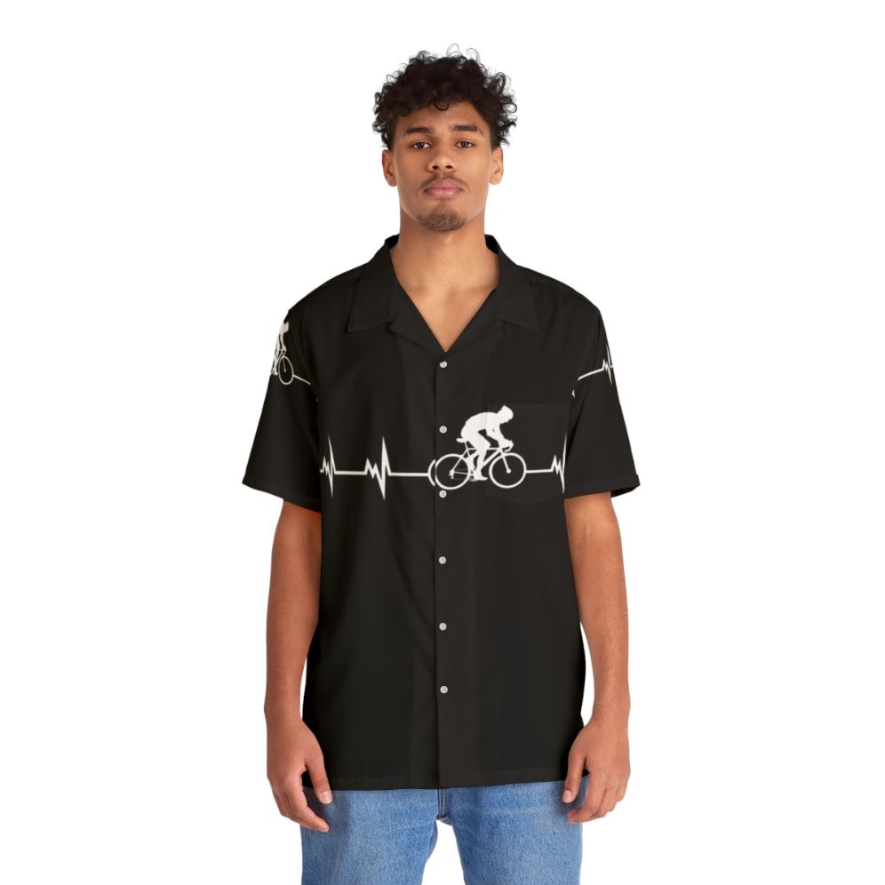 Hawaiian cycling heartbeat shirt with tropical bicycle heart design - People Front