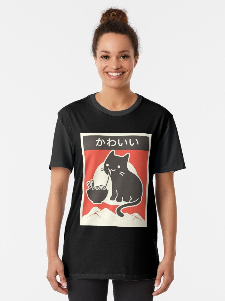 Vintage style graphic t-shirt featuring a kawaii ramen cat design in Japanese anime style - Women