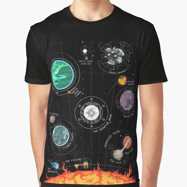 Outer Wilds space system graphic t-shirt featuring planets, moons, and celestial bodies from the Outer Wilds video game universe