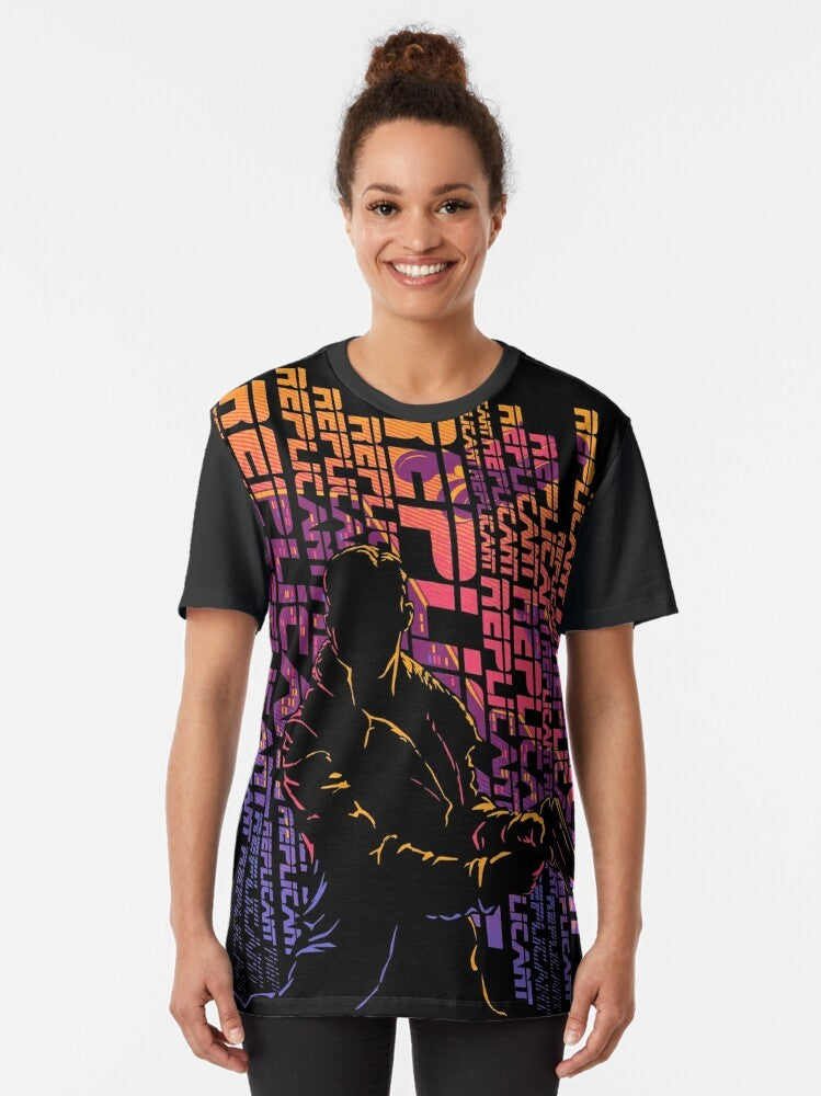 Blade Runner sci-fi movie graphic t-shirt featuring futuristic city, androids, and police spinner - Women