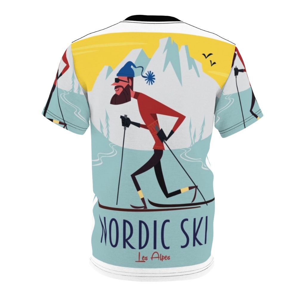 Retro Nordic Ski Poster Inspired T-Shirt featuring a vintage ski and mountain design - Back