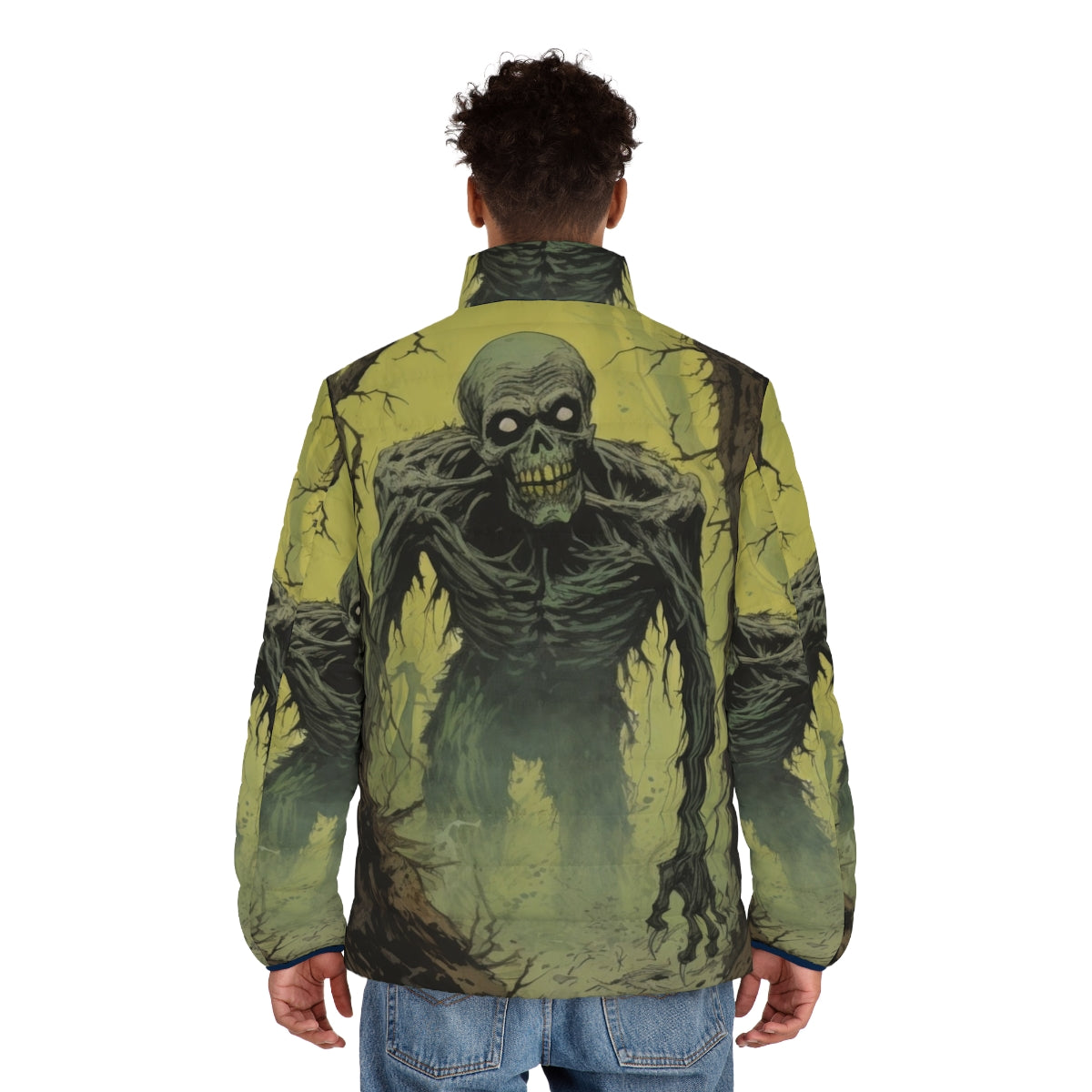 Zombie Stalker puffer jacket with haunted forest and creepy skeleton design - men back