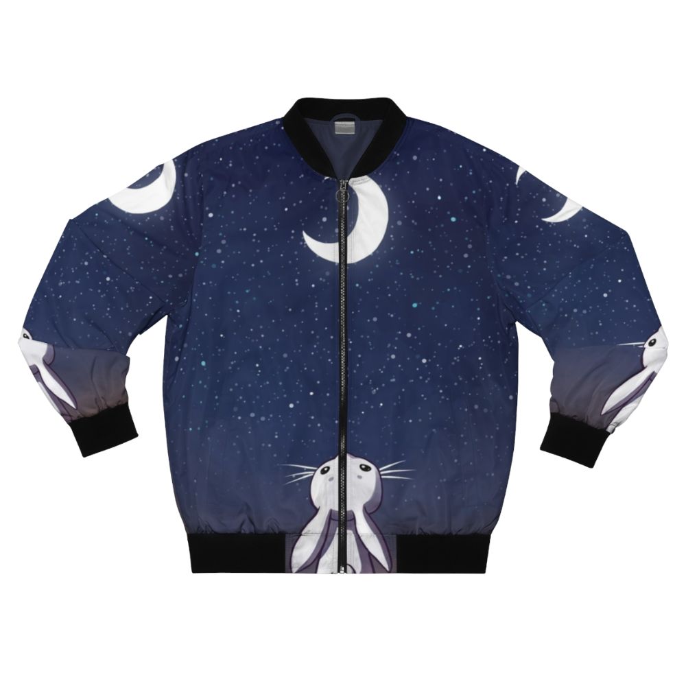 A blue children's bomber jacket with a cute bunny and moon design.