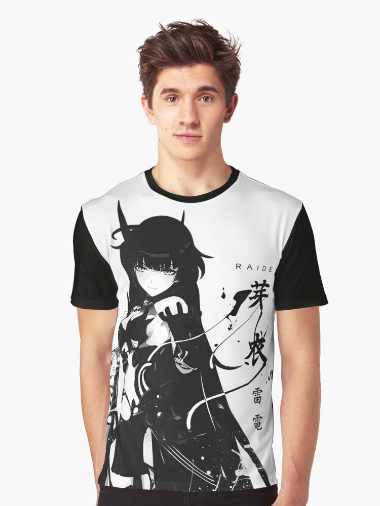 Kiana Kaslana, the Herrscher of Thunder, depicted in a futuristic, fantasy-inspired graphic design on a t-shirt. - Men