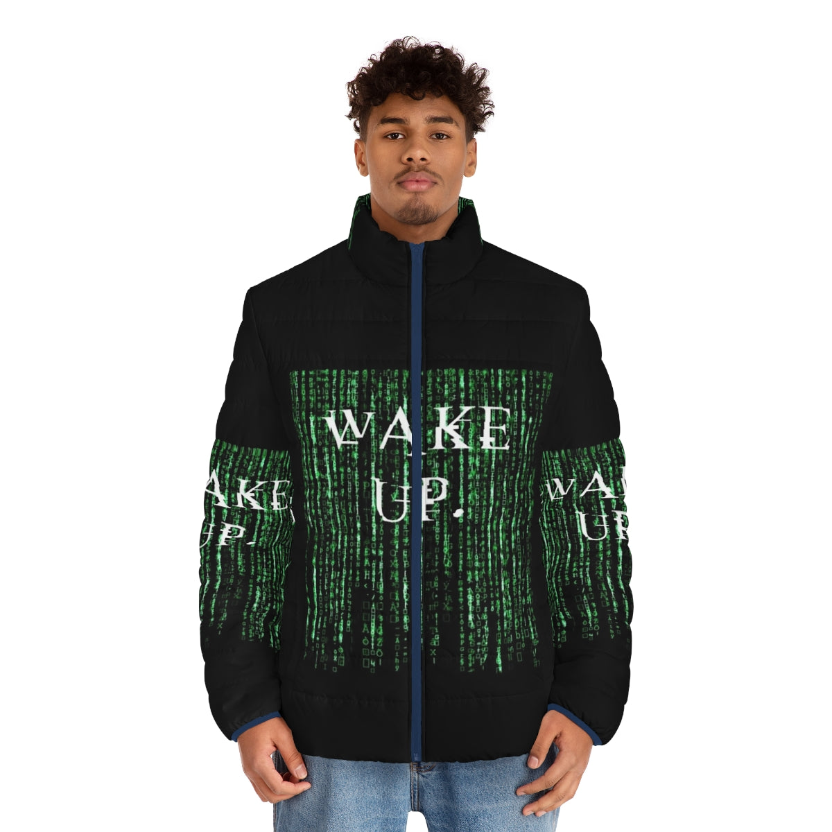 Matrix Neo Wake Up Puffer Jacket, inspired by the iconic The Matrix movie - men front