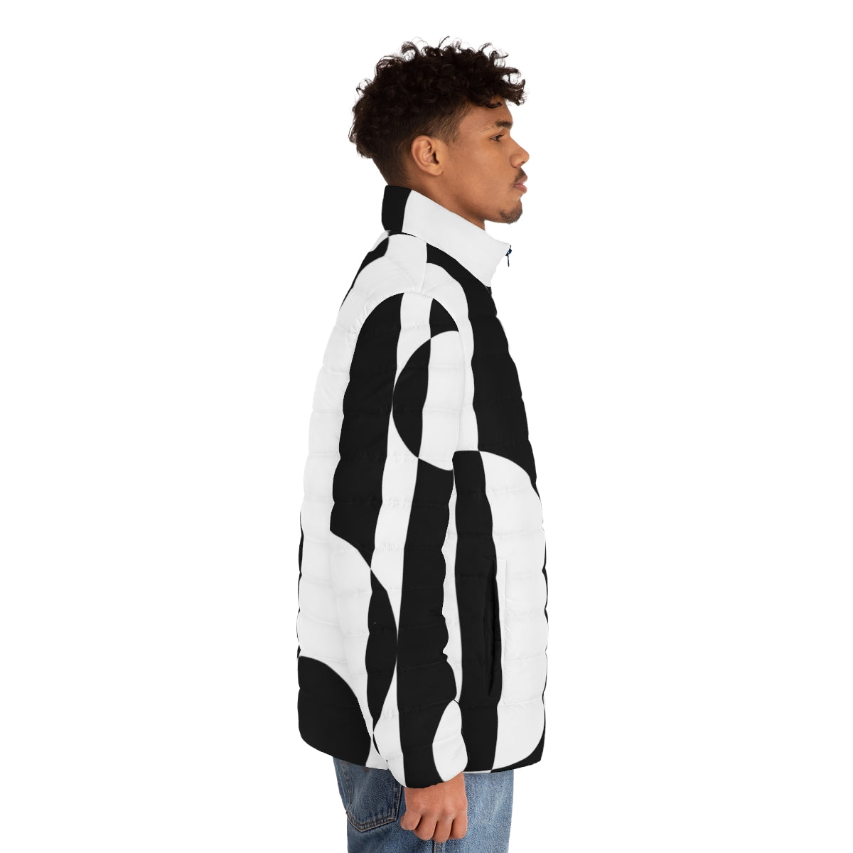 Retro 1960s op art style black and white puffer jacket - men side right