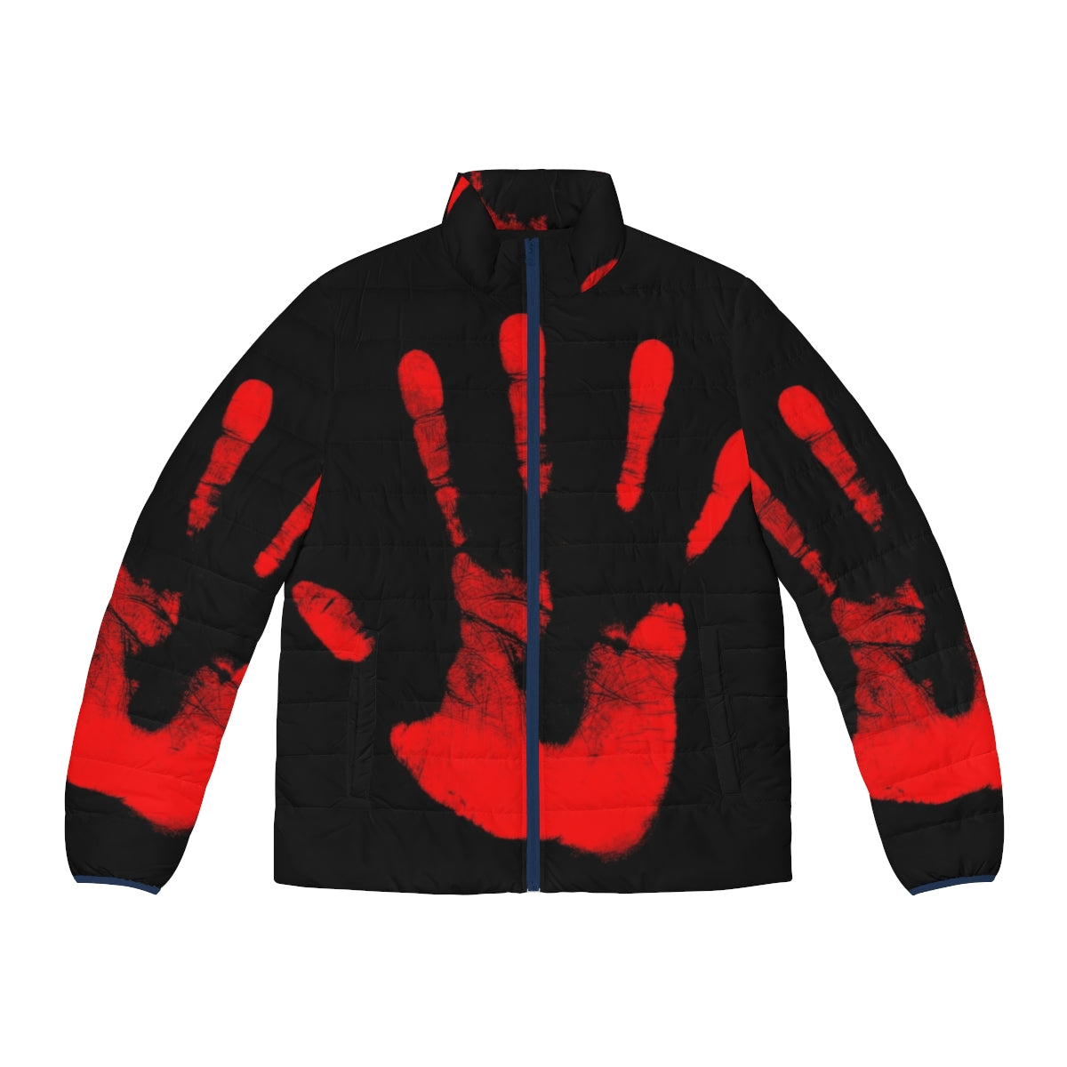 Red puffer jacket with "Red Right Hand" text, inspired by Nick Cave and The X-Files