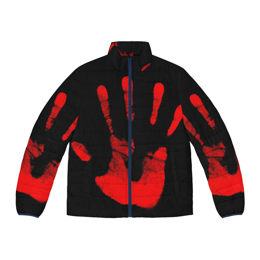 Red puffer jacket with "Red Right Hand" text, inspired by Nick Cave and The X-Files