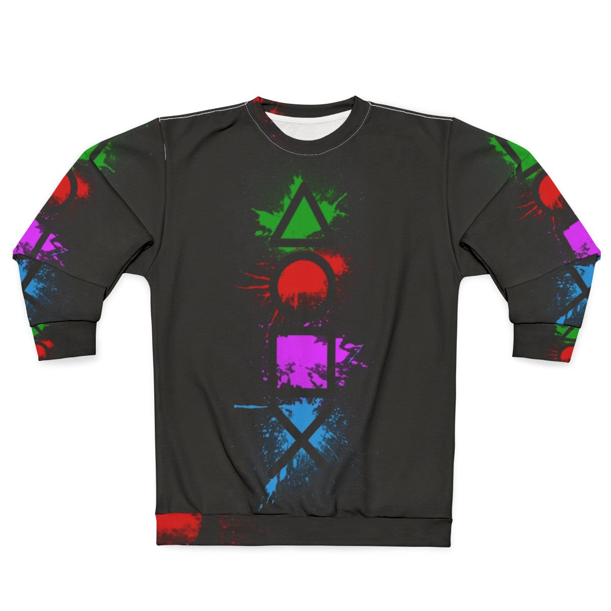 Playstation controller buttons splatter design on a cozy sweatshirt