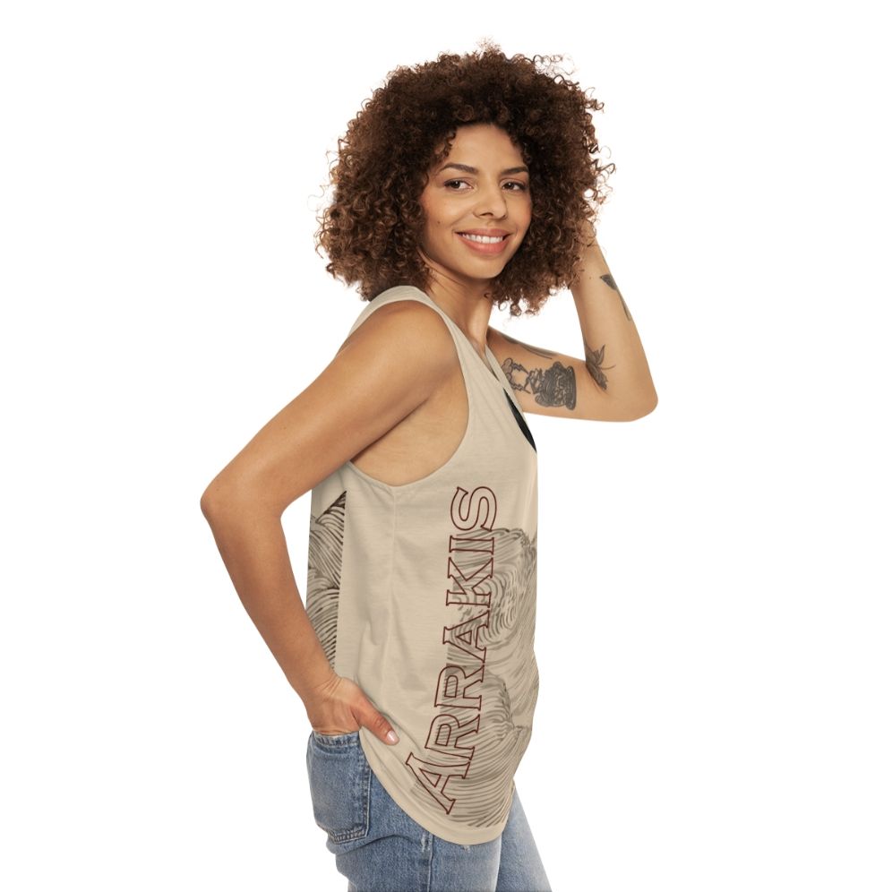 Dune inspired unisex tank top with desert landscape design - women side