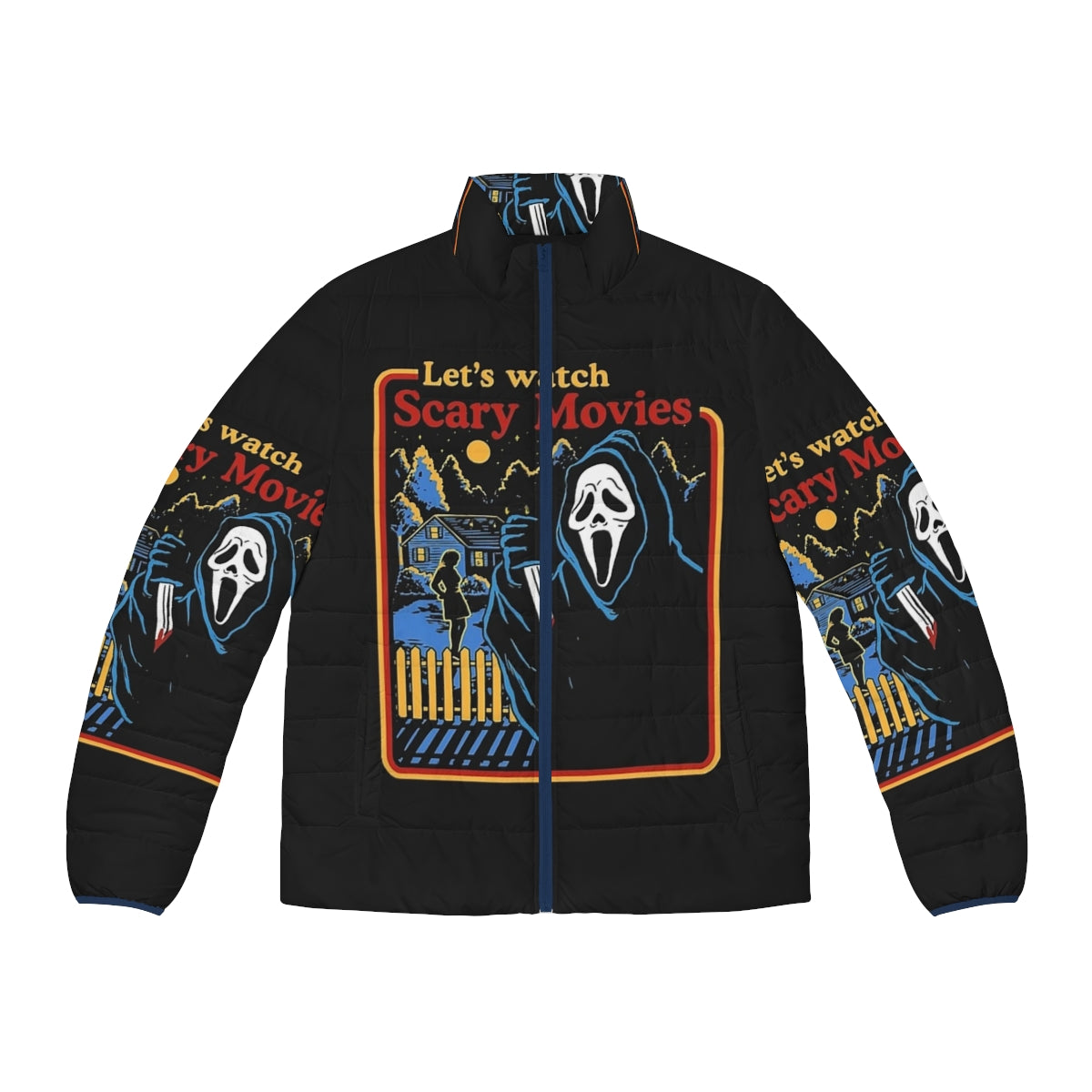 Scary horror puffer jacket with ghost design and "Let's Watch Scary Movies" text