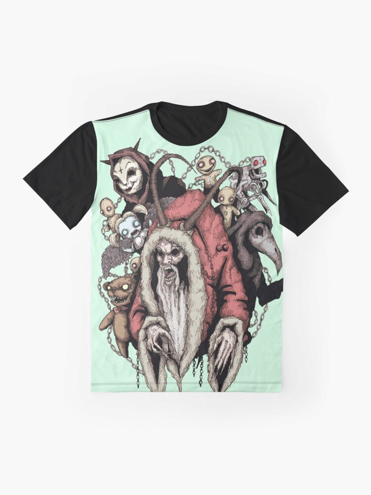 Krampus horror graphic t-shirt featuring a dark, gothic design of the mythical Christmas demon - Flat lay