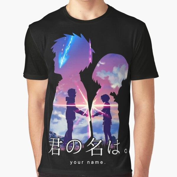 "Your Name" anime-inspired graphic t-shirt with Japanese characters and icons